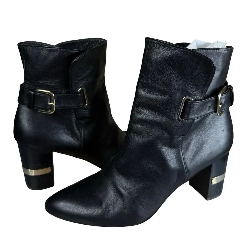 Stuart Weitzman Imback Ankle Boots Black Nappa Leather Buckle Heel 8.5
